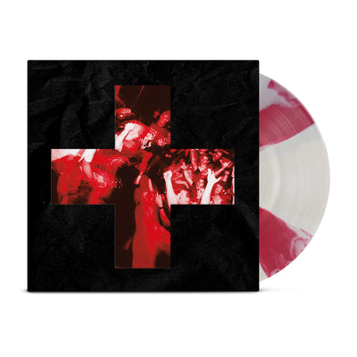 Bane - 'Give Blood' LP. The picture depicts a vinyl record against a white background. The cover of the record is black with a red cross. Within the cross is a picture of the band on stage in front of a crowd. The vinyl record behind it is alternating red and white stripes. 