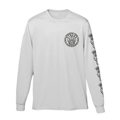 White long sleeve shirt with a black graphic on the upper right part of the shirt and the same logo running down the left hand sleeve.