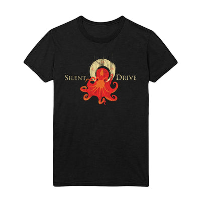 Black T-shirt with a red/orange octopus on it.  Text next to the octopus reads Silent Drive.