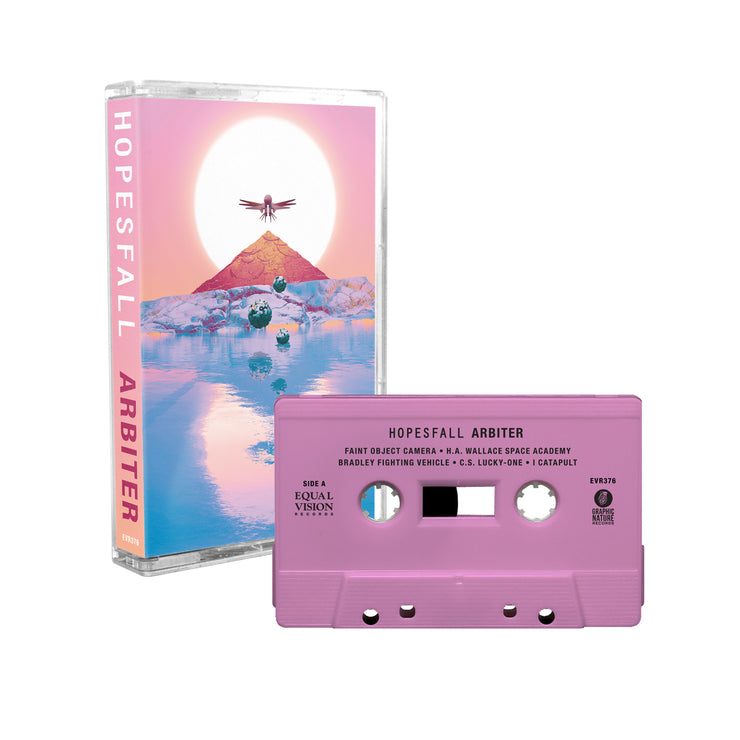 Cassette with artwork that is the sun with a bird with it's wings spread over it. Below the bird is a mountain in the center of a body of water. The sun is setting and there is a reflection in the water of the mountain, sun, and bird. On the side of the cassette, it says HOPESFALL in white lettering and ARBITER in red lettering. There is a pink cassette tape in front of the case, with black lettering on it.