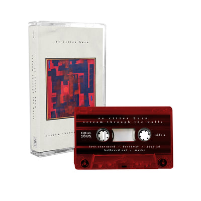 Cassette with black text that says AS CITIES BURN at the top. below that is a painting with a red background and thick blue paint brush like strokes in it. Below that there more black text that says SCREAM THROUGH THE WALLS. To the right of the cover is a red cassette tape.