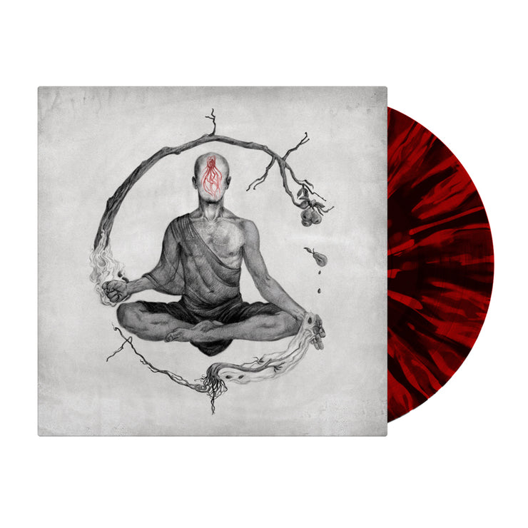Vinyl jacket with a faceless person in a robe sitting with their legs crossed. Around them is a tree branch sprouting from one of their hands. Peeking out of the jacket is a red and black splattered vinyl.