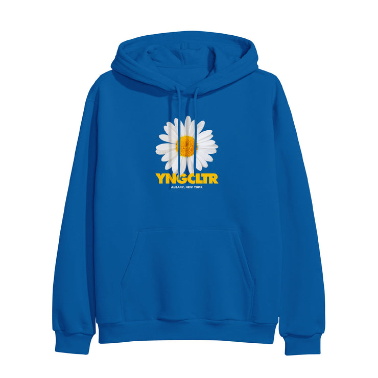 Blue sweatshirt with a flower in the center.  The flower has white pedels with a yellow center.  Underneath the flower reads YNGCLTR in yellow letters. 