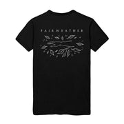 Image of black Fairweather t-shirt with "Fairweather" and leaves and sticks printed in white ink.
