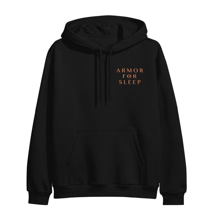 Front of black pullover hoodie with ARMOR FOR SLEEP written in orange text in the top corner of the chest. 