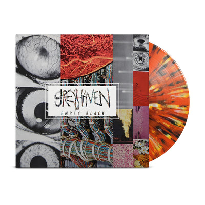abstract album with images of eyeballs and weird shapes and visuals.  There is a white box with text that reads Greyhaven and Empty black. Sticking out of the vinyl cover is a Orange W/ Black & White Splatter colored vinyl. 