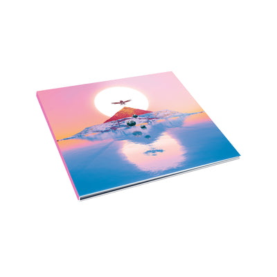 Square CD with artwork that is the sun with a bird with it's wings spread over it. Below the bird is a mountain in the center of a body of water. The sun is setting and there is a reflection in the water of the mountain, sun, and bird.