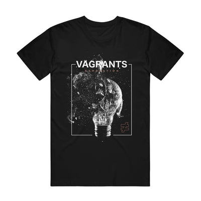 Black short sleeve shirt with a box drawn in the center using white lines. Inside the box, there is a black and white lightbulb being shattered. In the bottom right there is a not equal to sign drawn in color. On the top of the box, it says "VAGRANTS" in large white font.