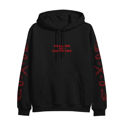 Black pullover hoodie with CALLING ALL CAPTAINS written in red font across the chest. On both sleeves there are drawings of lifesavers, beer, pills, and syringes.