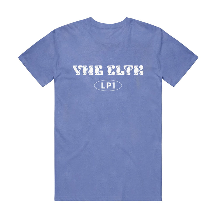 Periwinkle short sleeve shirt with "YNG CLTR" written across the chest in white bubble lettering. Below that is an oval, and inside "LP1" is written.