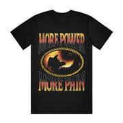 front of black t-shirt with "more power" above the image of a cowboy singing. "more pain" printed below the cowboy. 