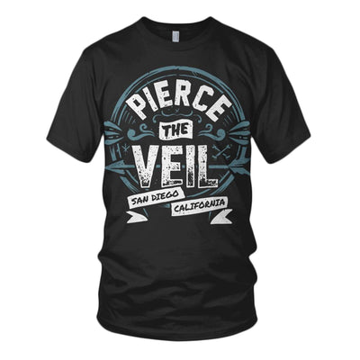 Black short sleeve shirt with PIERCE THE VEIL written across the chest in white font on top of blue embellishments. Below that there are two small white banners, with SAN DIEGO written in black in one, and CALIFORNIA written in black in the other.