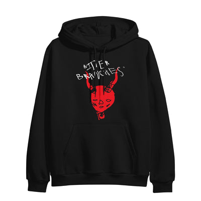 Black pullover hoodie with BITTER BRANCHES written in white scratchy font across the chest. Below that is a messy drawing of a devil in red.