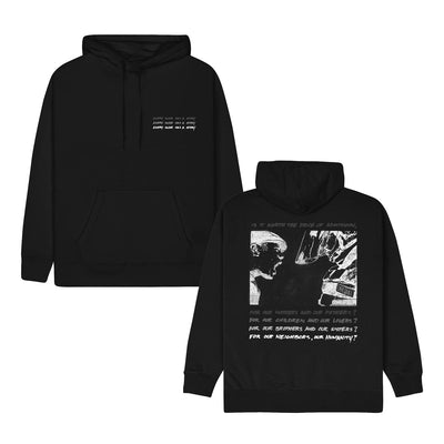 Black pullover hoodie with text that says EVERY SCAR HAS A STORY in white text in the top corner, written 3 times stacked on top of one another. On the back, there is a drawing of a boy yelling in the face of a police officer that is much taller than him. Below that drawing is more text that is stacked in gradient coloring, getting more visible toward the bottom of the hoodie.