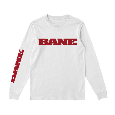 White long sleeve shirt with the words bane written across the front and on the right sleeve in red.
