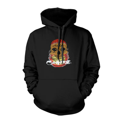 Black pullover hoodie with a drawing of a skull in the center. The skull has the top of it missing, exposing a brain. Below the skull is a fiery orb. On top of the orb, there is white text that says CONVERGE.