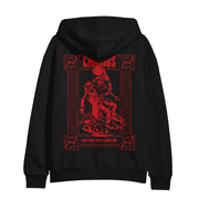 Back of black pullover hoodie with a drawing of two skeletons, one holding the other in red. On top of the skeletons there is red font that says CHIODOS. 