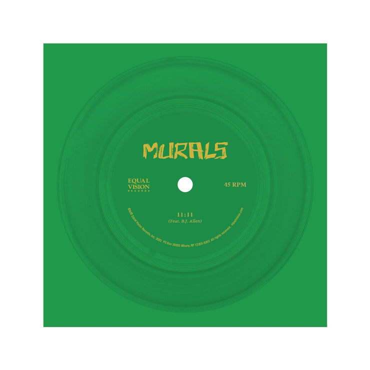 7 inch Green Flexi. "MURALS" written in yellow in top / mid center. Darker green rings circling the center. "EQUAL VISION RECORDS" written in small yellow text on the left side, "45 RPM" written in small yellow text on the right side. "11:11" written in small yellow text in center bottom.