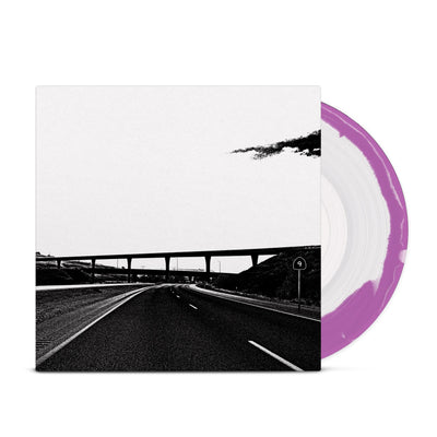 Square Vinyl, black and white coloring. Highway leading to an overpass with a sign reading "9" on the right hand side. Vinyl disc on the right hand side, pink and white coloring.