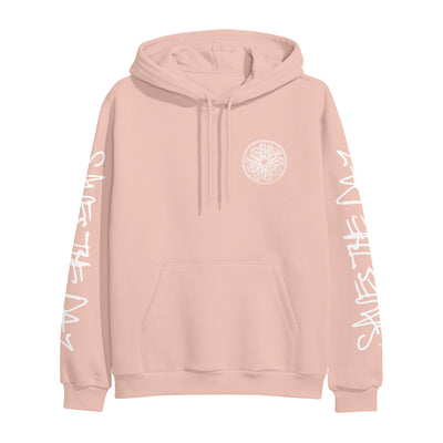 Peach colored pullover hoodie with SAVES THE DAY written in white text on both sleeves. In the top corner of the chest there is a white pendant design.