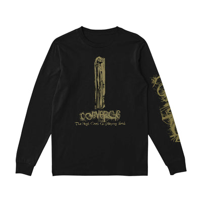Black long sleeve shirt with gold text that says CONVERGE on the bottom. Above that is a monk drawn in gold. On one sleeve there is gold text that says CONVERGE down the side.