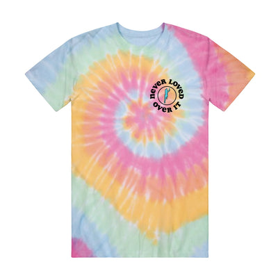 Multi-colored tie dye short sleeve with circular text surrounding a design in the top right corner. Text in the top right corner says NEVER LOVED, OVER IT.