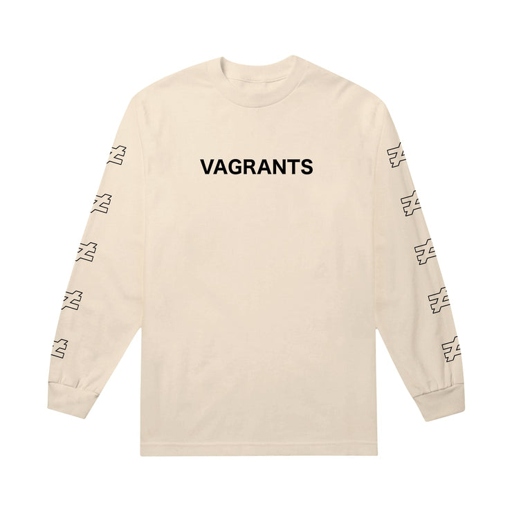 Cream colored long sleeve shirt with VAGRANTS written across the chest in black font. Along the sleeves are black outlined not equal symbols.