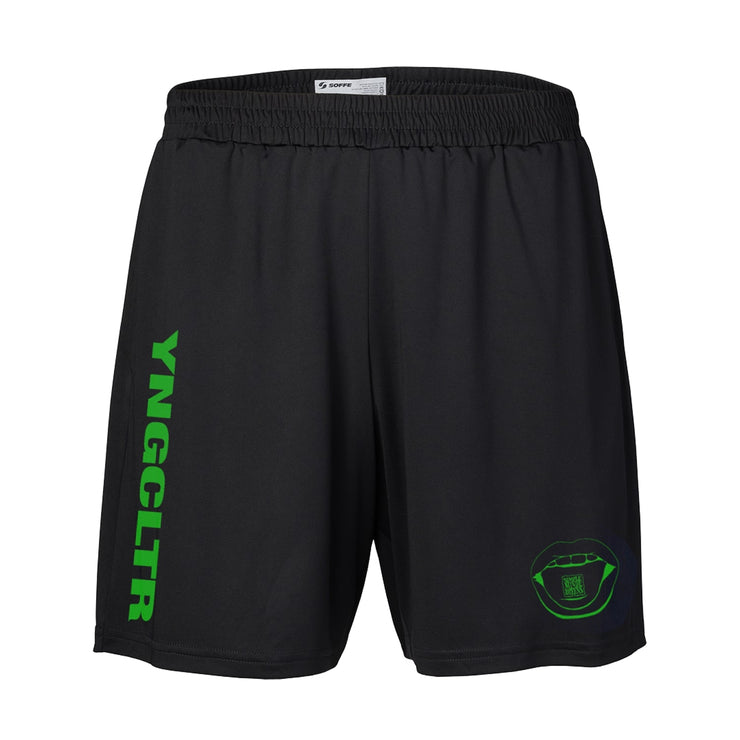 Black shorts with "YNG CLTR" written vertically on the left leg in green. On the right leg bottom corner is an open mouth drawn in green.