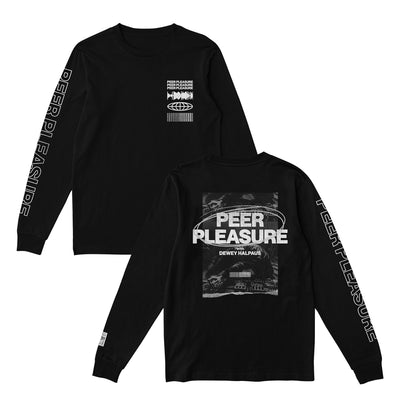 Front of black full zip hoodie. PEERPLEASURE written vertically on one sleeve in white lettering. On the top corner of the chest, there is a soundwave, globe, and barcode, and text that says PEERPLEASURE drawn in white. Back of black long sleeve shirt. PEER PLEASURE written in white lettering on top of a black and white image with a white oval around the text.