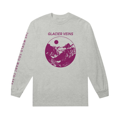 Athletic grey colored long sleeve shirt with GLACIER VEINS written in purple font across the chest. There is purple text down one of the sleeves that says THE WORLD YOU WANT TO SEE. On the cheset, there is a circular drawing of mountains and a moon inside it.