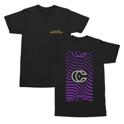Black short sleeve shirt with text in the top corner that says CONCRETE CASTLES. On the back there is a purple wave design and white lettering in the center with two letter C's that stand for concrete castles.