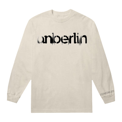 Anberlin Convinced Natural Long Sleeve. the word "Anberlin" printed in faded black text on the front chest. the word "Convinced" printed along the left cuff of the garment in black. 