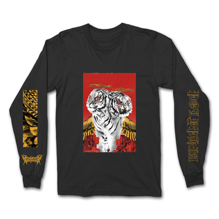 Long sleeve shirt that has an image with a red background and a two headed white tiger with gold wings on the front of the vinyl cover. There are also red roses at the bottom of the cover, blood coming from both tiger’s eyes, and a crown of thorns above both of the tigers heads. On the sleves which contain gold lettering for the band POLYPHIA