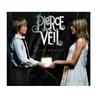The background of this album is a dark forest.  On the left of the album is a boy in a white shirt and black tie, and on the right is a girl in a white dress.  They are holding onto a white glowing cube in the middle of the album.  In the middle of the album reads PIERCE THE VEIL in large white letters, below it reads SELFISH MACHINES in small green letters.
