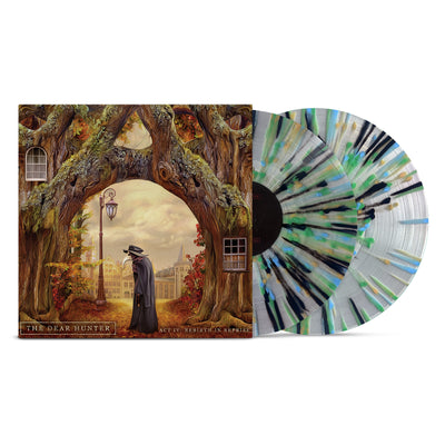 The Dear Hunter - 'Act IV: Rebirth In Reprise' vinyl. A vinyl is depicted against a white background. The cover of the record is orange and brown, depicting two trees on with windows on their trunks, meeting in the middle of the frame. In between the trees is a figure in a plague doctor costume. On the bottom left corner of the cover are the words "The Dear Hunter," and on the bottom right, "Act IV: Rebirth In Reprise" in white. The vinyl record is clear with green, yellow, and black splatters.