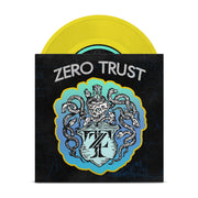 Black vinyl jacket with ZERO TRUST written across the top. Below the text is a drawing of a skeleton with snakes surrounding it, drawn in white. Below the skeleton is a crest that has the letters Z and T written inside it. Peeking out of the top of the vinyl jacket is a yellow vinyl.
