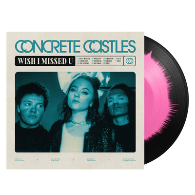 White vinyl jacket with blue text that says CONCRETE CASTLES across the top. Below that there is a black box that says WISH I MISSED U. Below that is a blue tinted image of the band. There is a violet and black colored vinyl peeking out of the side of the jacket.