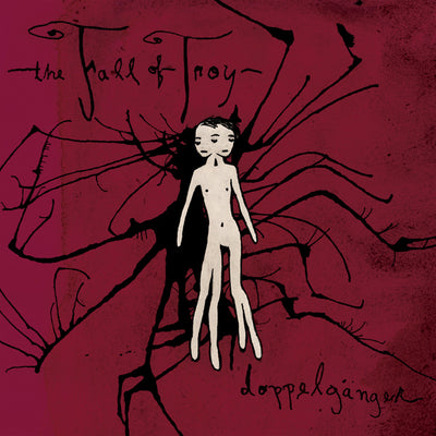This CD cover has a red background.  In the middle of the cover is a human figure with four legs and 2 faces, with what looks like a twisted black shadow extending behind the figure.  This shadow extends in random patterns around the cover.  In the top left corner of the album reads FALL OF TROY in black letters.  In the bottom right corner reads DOPPELGANGER in black letters.