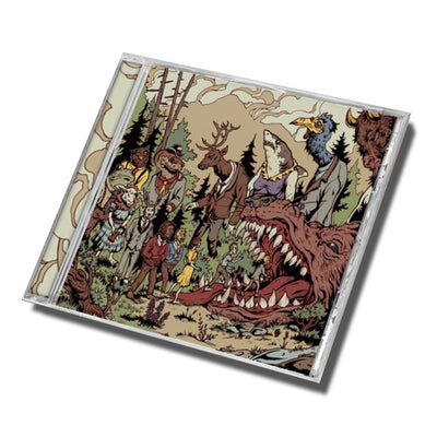 Square CD cover with various creatures standing in a forest. There are green pine trees in the back, and rocks, dirt, and weeds on the ground. On the right is a large creature with its mouth open, and humans walking into its mouth. In the background there are creatures such as birds, a shark, and a moose wearing clothing.