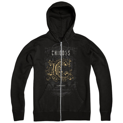 Black zip up hoodie with CHIODOS written across the chest in white lettering. Below that is a gold letter C with fancy embellishments. Below that is small white text that says ILLUMINAUDIO.
