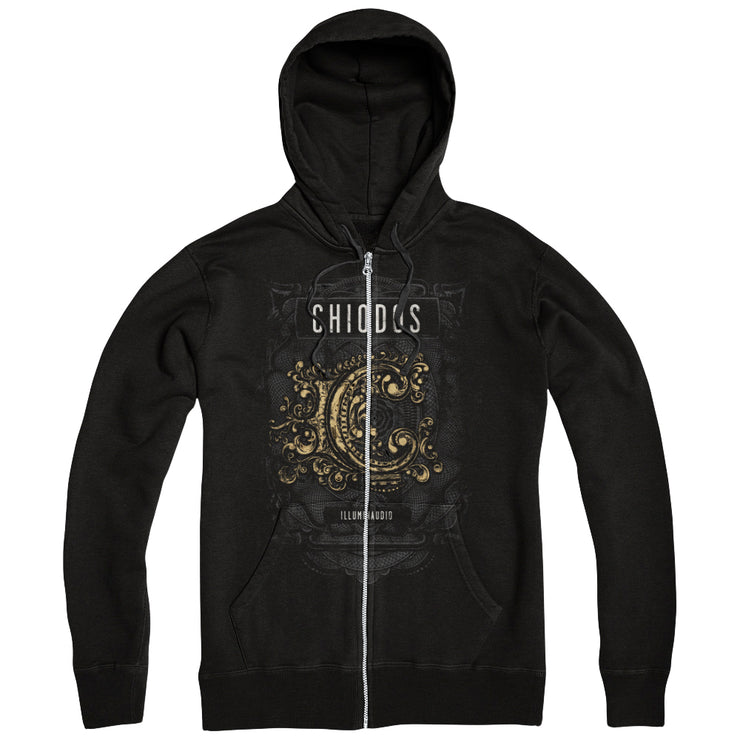 Black zip up hoodie with CHIODOS written across the chest in white lettering. Below that is a gold letter C with fancy embellishments. Below that is small white text that says ILLUMINAUDIO.