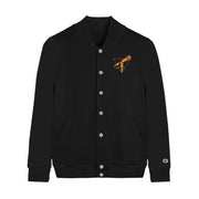 Black champion bomber jacket with an orange microphone inside a triangle drawn in the top corner of the chest.