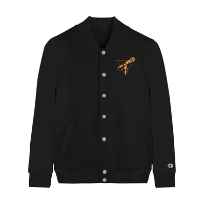Black champion bomber jacket with an orange microphone inside a triangle drawn in the top corner of the chest.