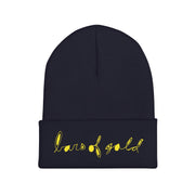 Black beanie with BARS OF GOLD written across the front in yellow cursive.