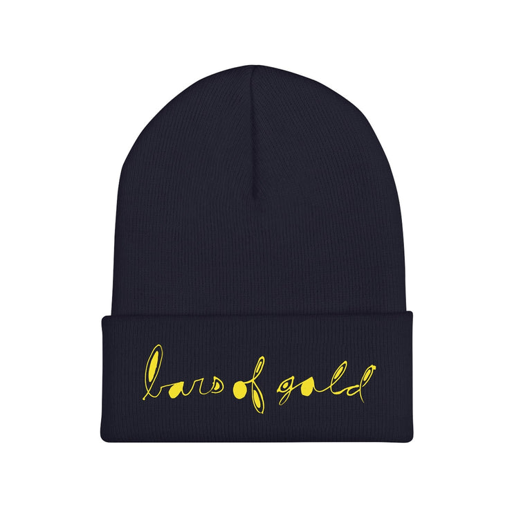 Black beanie with BARS OF GOLD written across the front in yellow cursive.