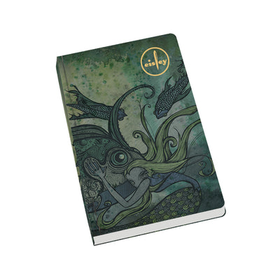 Teal colored notebook with a large fish in the center. Surrounding it are other sea creatures swimming in its direction. There is a yellow circle with text on the inside that says EISLEY.