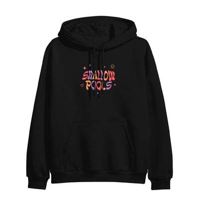 Shallow Pools Black Doodle Pullover Hoodie. center chest of the hoodie has the text "Shallow Pools" in fun bubble letters with some stars around it, the colors of the letters alternate between red, purple and orange. 