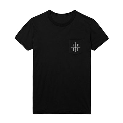 Image of black Fairweather T-Shirt laid flat on white background. T-Shirt has a pocket with the letters FWDC printed on the pocket in a cross box formation.
