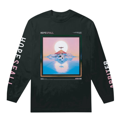 Black long sleeve shirt with artwork in the center. The artwork is the sun with a bird with it's wings spread over it. Below the bird is a mountain in the center of a body of water. "HOPESFALL" is written across one sleeve, and on the other it says "ARBITER". It also says HOPESFALL in the top left of the artwork, and ARBITER in the bottom right.