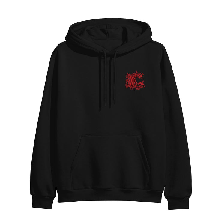 Black pullover hoodie with an embellished letter C in the top corner drawn in red.